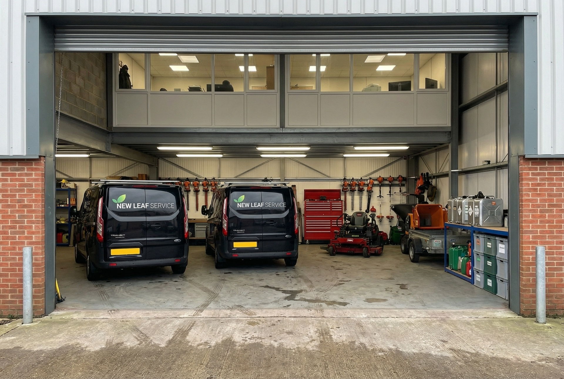 New Leaf Services operational base with branded fleet and commercial grounds maintenance equipment in Milton Keynes