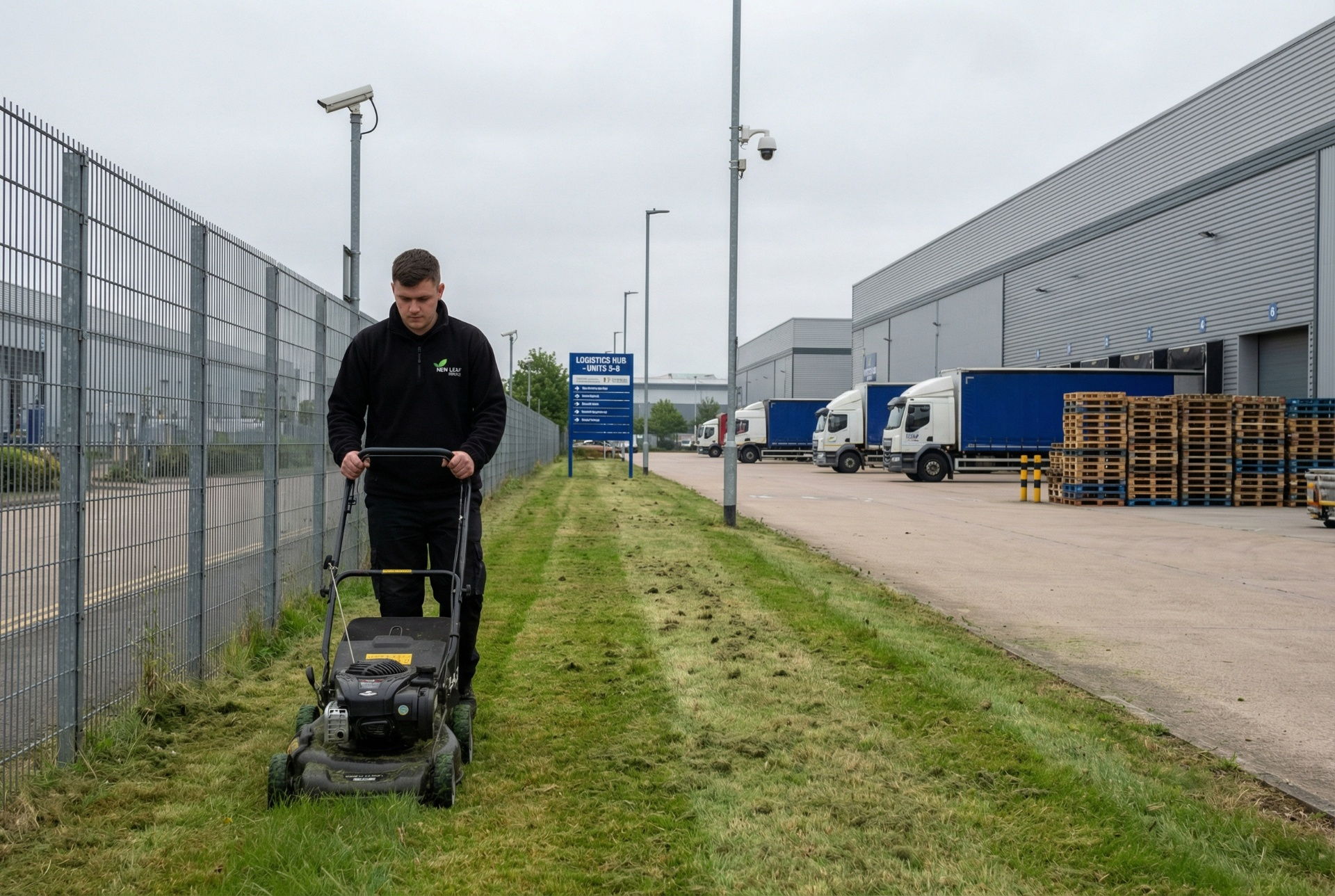 Operative mowing perimeter grassland at logistics park Northampton