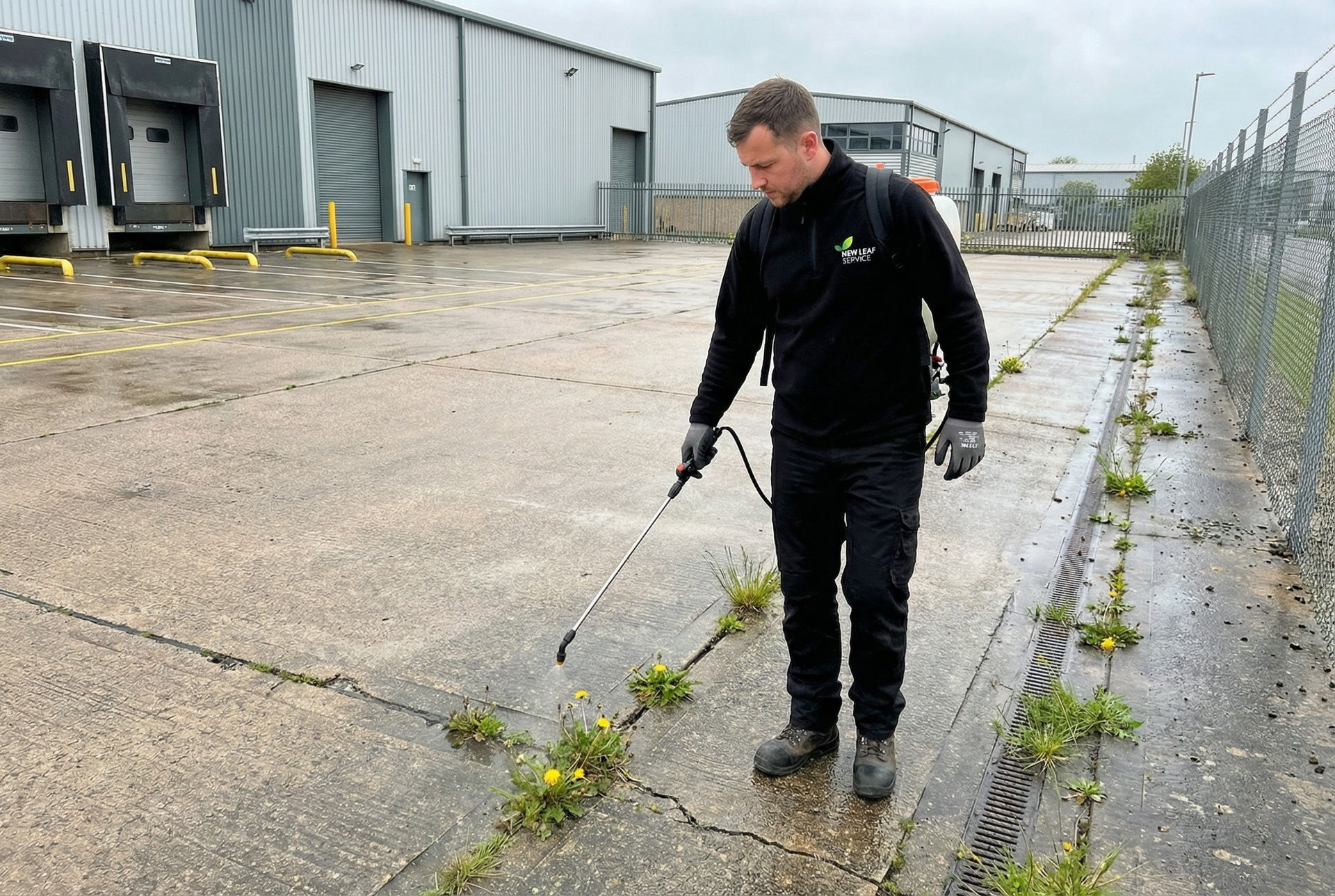 Herbicide weed control on hardstanding at logistics park Northampton