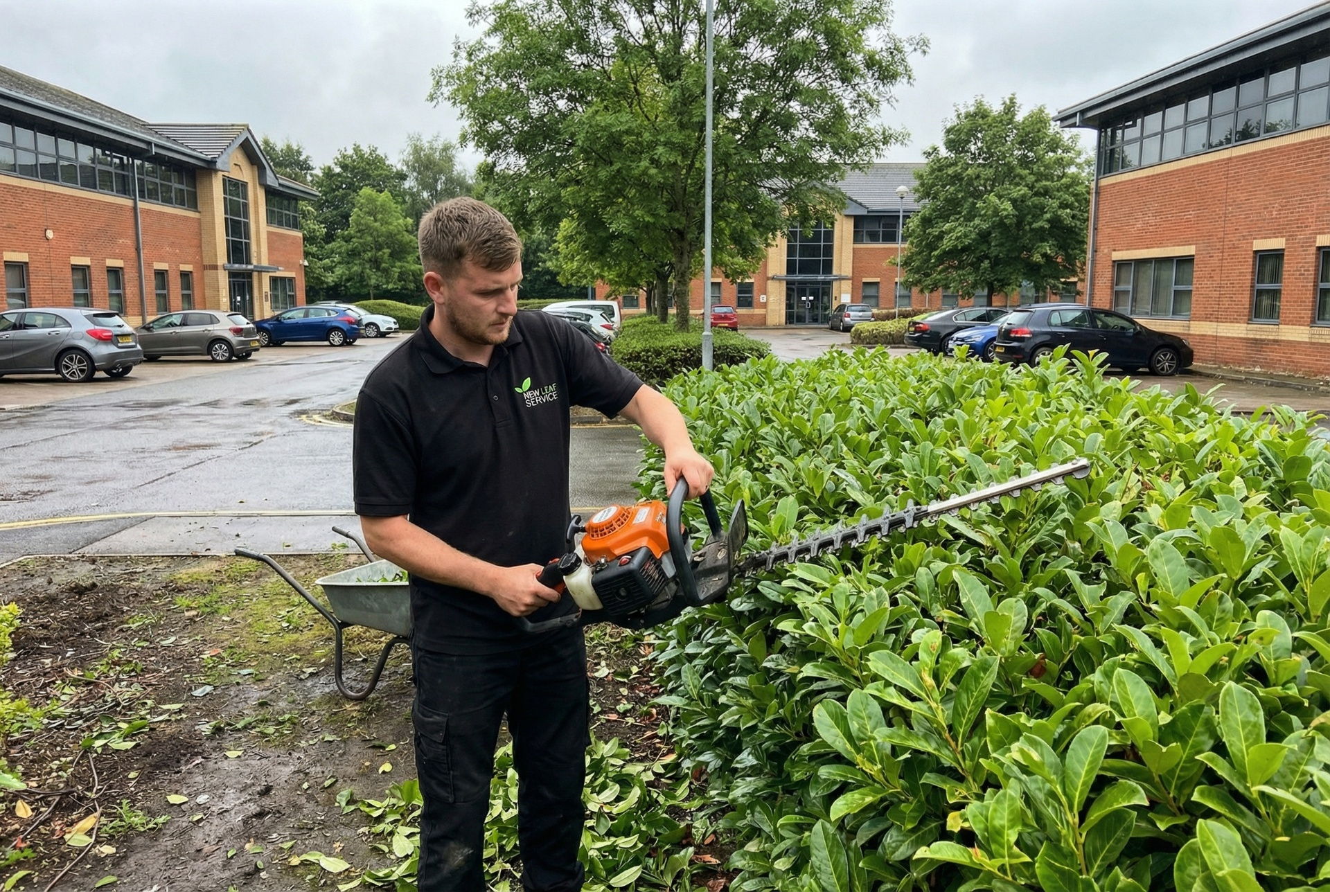 Operative trimming hedges at Priory Business Park Bedford