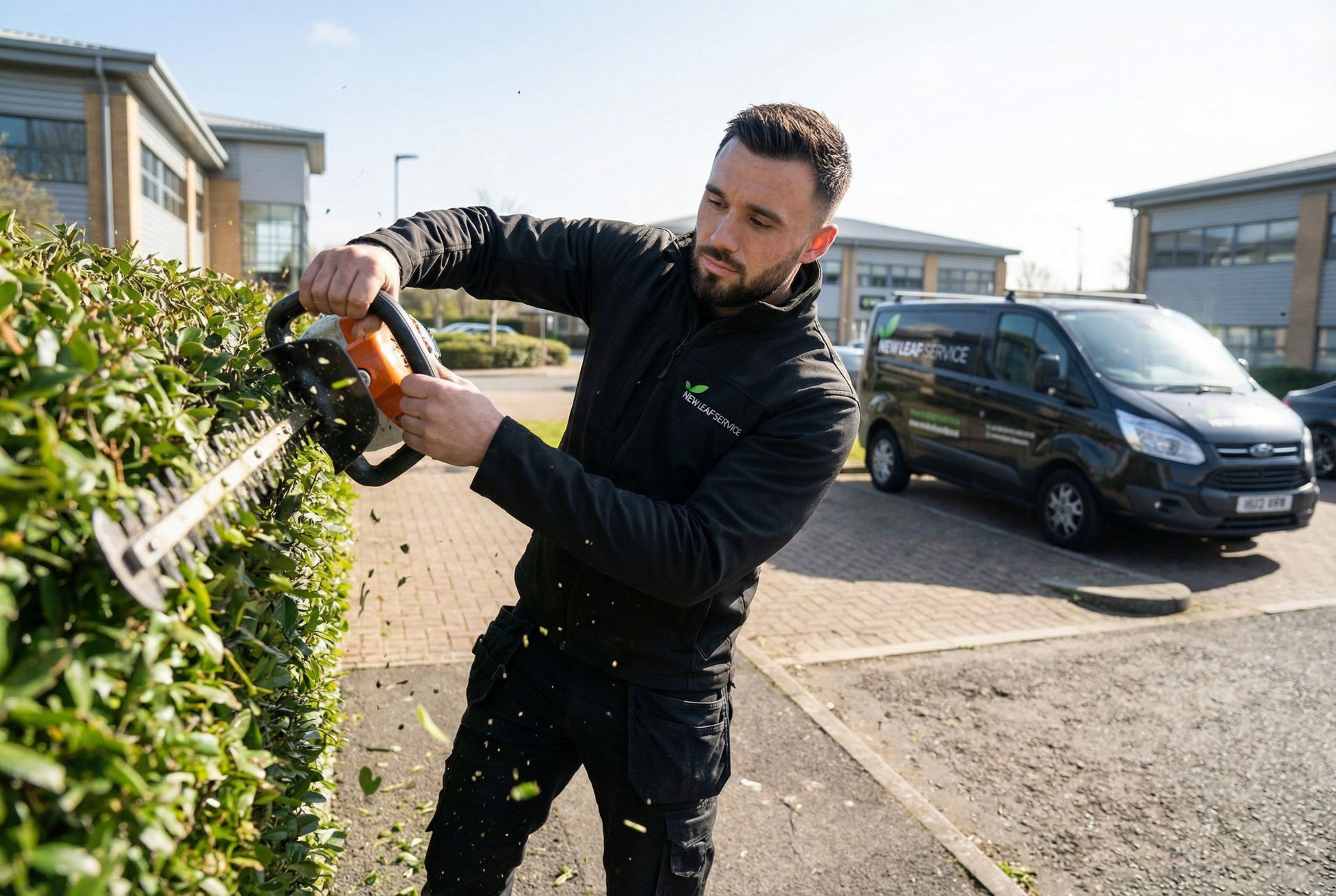New Leaf Services van attending a commercial grounds maintenance site in Luton – New Leaf Services