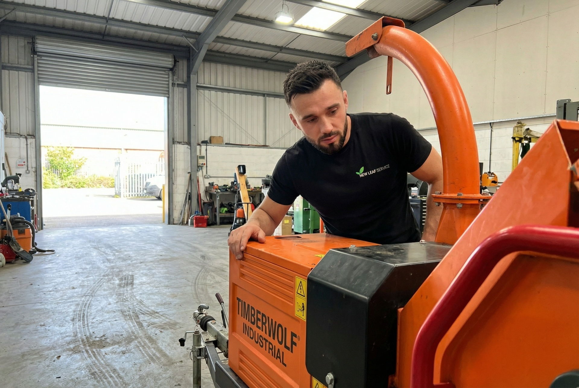 New Leaf Services operative servicing a Timberwolf industrial chipper at the Milton Keynes operational base