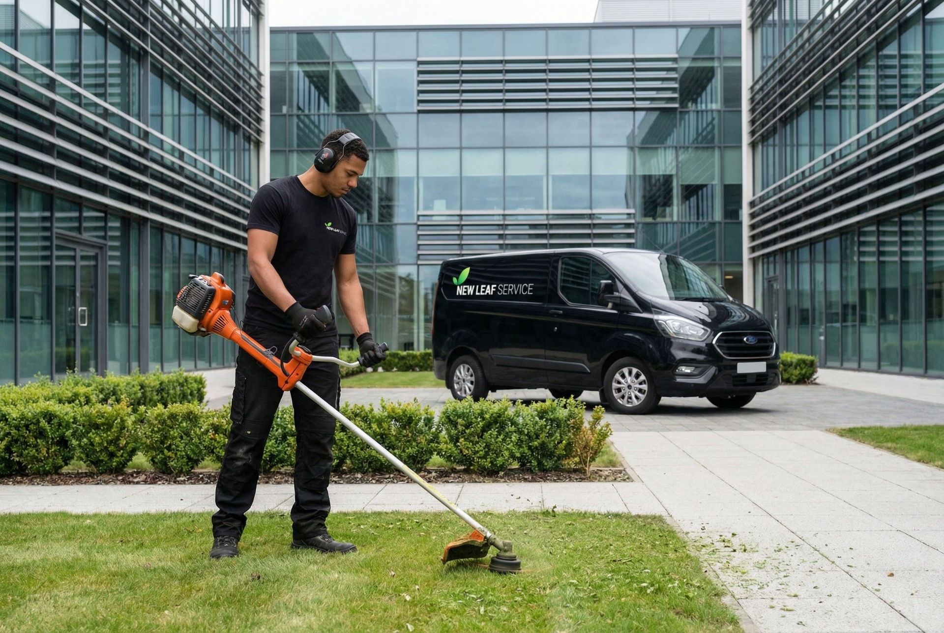 Commercial grounds maintenance at a Luton business park near the airport corridor – New Leaf Services