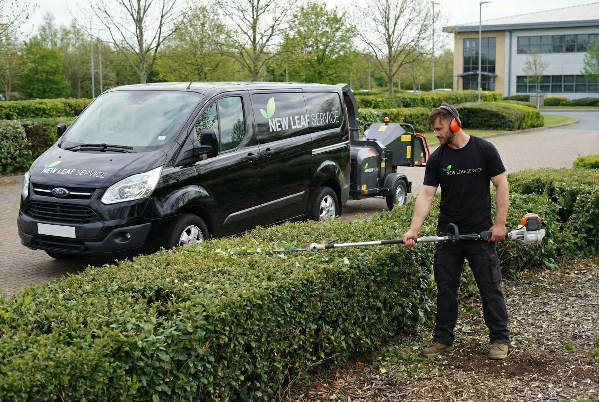 commercial grounds maintenance operative trimming hedges in Milton Keynes – New Leaf Services