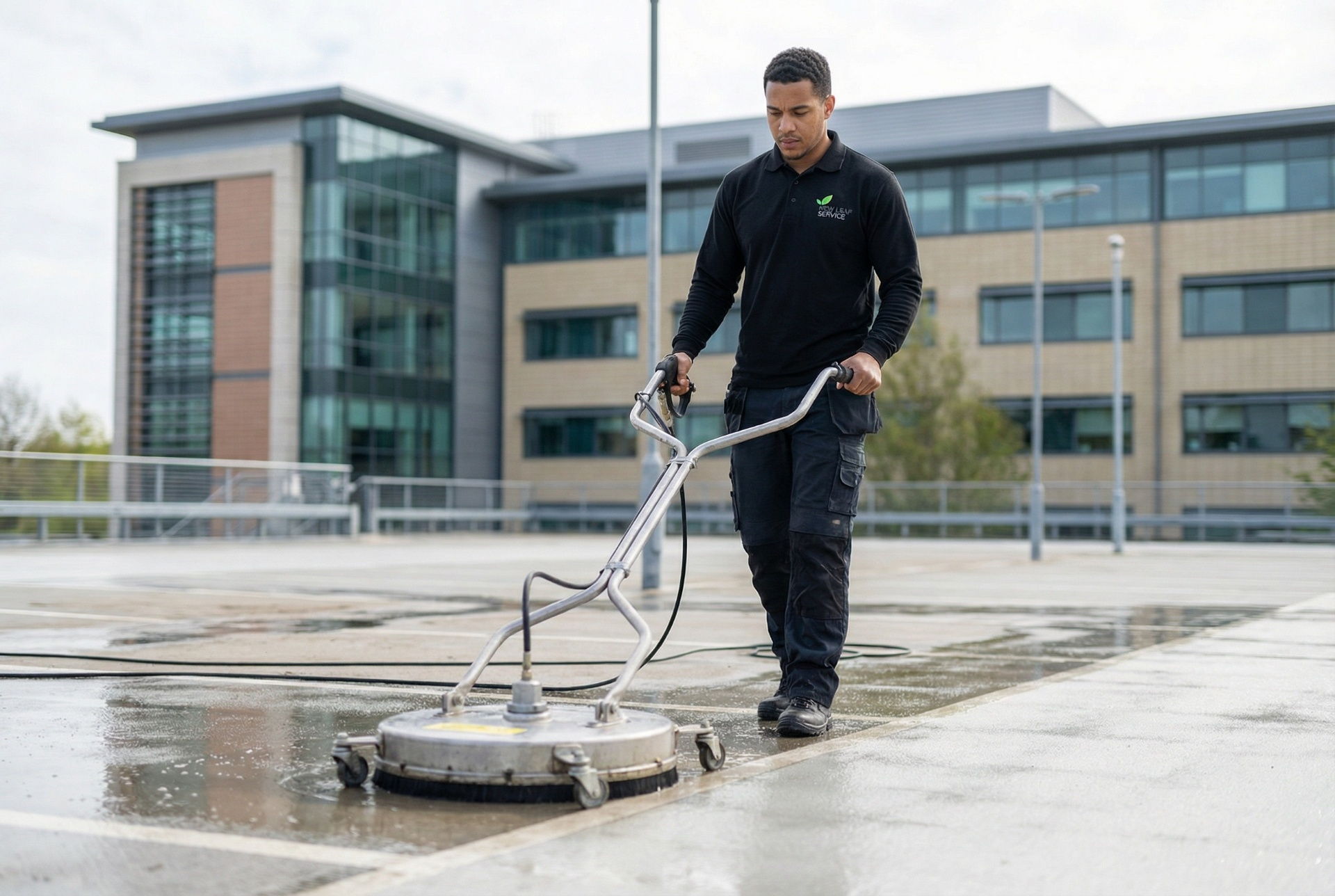 commercial surface cleaning operative using pressure washing equipment in Milton Keynes – New Leaf Services