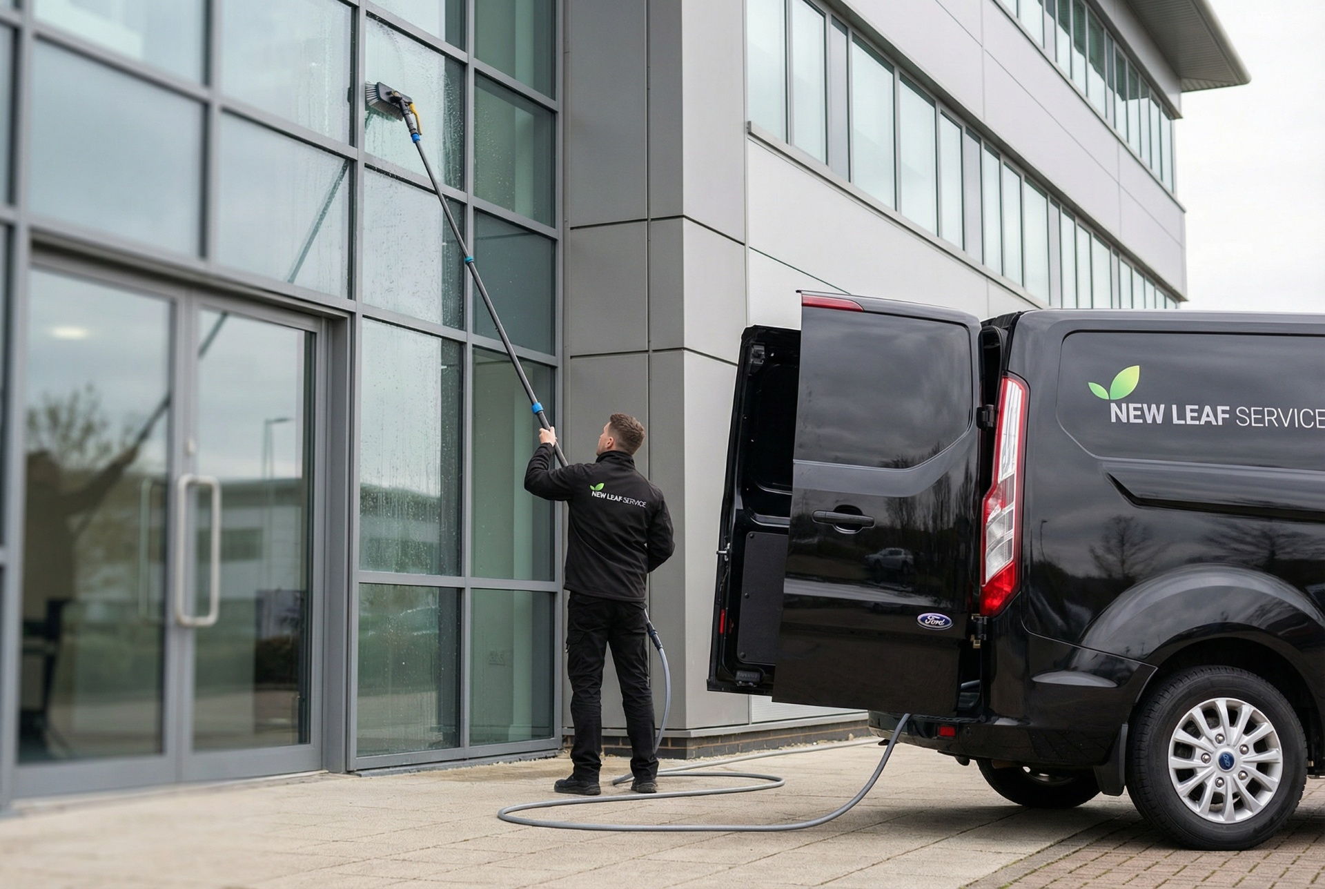 commercial water-fed pole window cleaning on a Milton Keynes office building – New Leaf Services