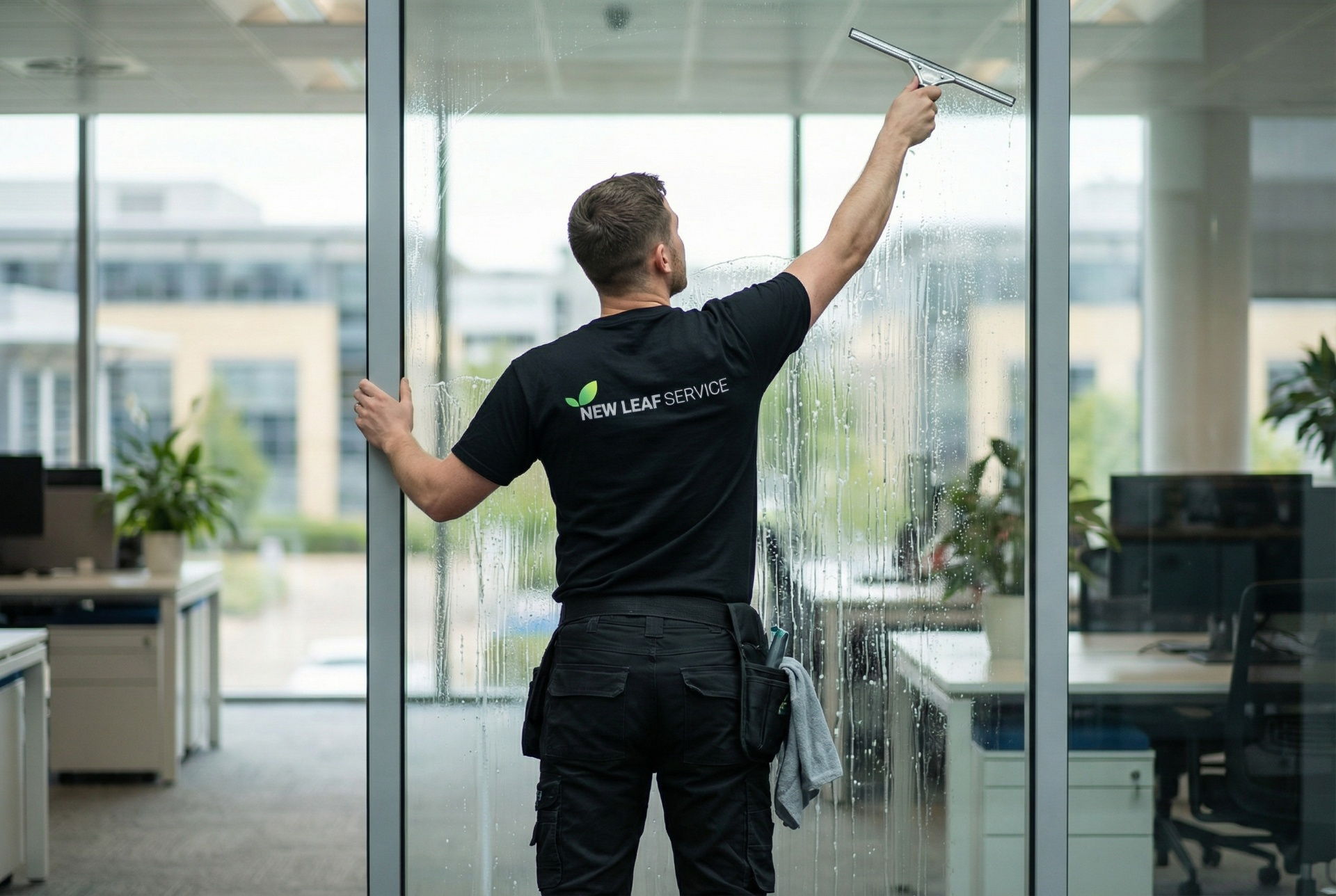 commercial window cleaning operative using water-fed pole system in Milton Keynes – New Leaf Services
