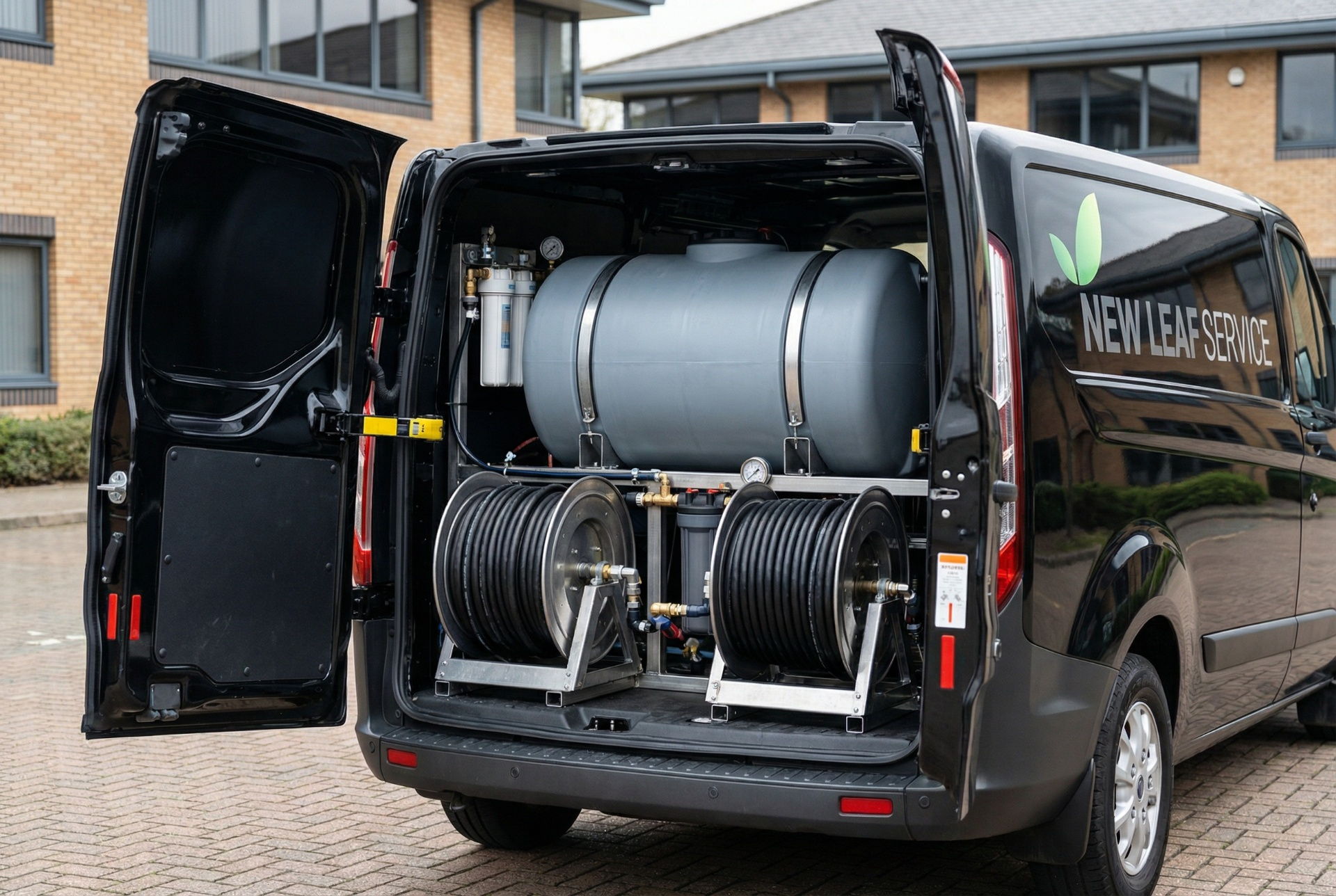 commercial window cleaning milton keynes – New Leaf Services van with water-fed pole equipment
